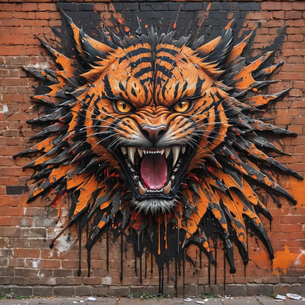 Fierce Tiger Graffiti Art Bursting Through Brick