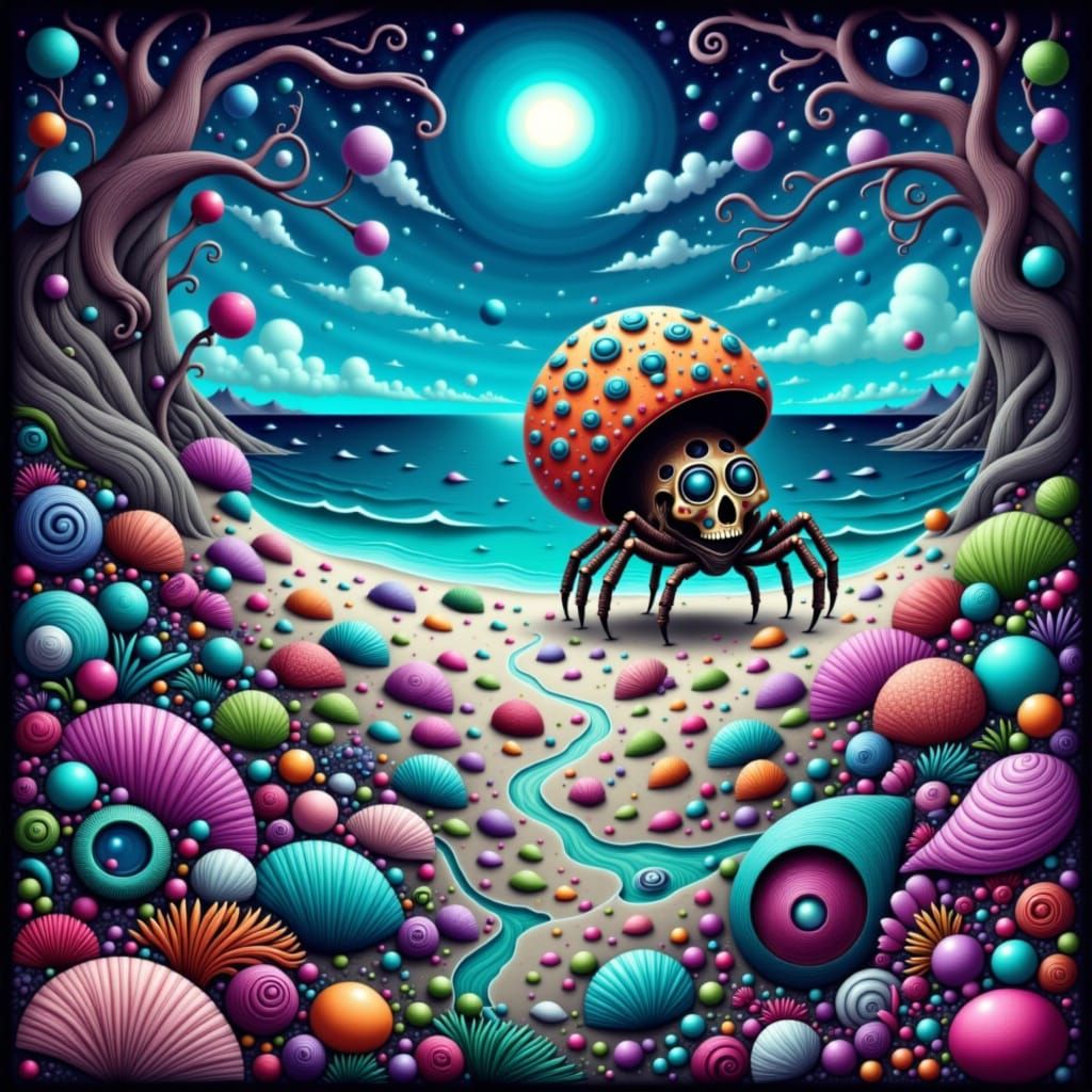 Psychedelic Hermit Crab in Skull Shell on Beach