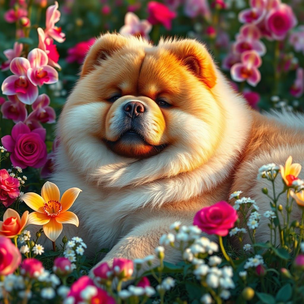 Chow Chow Surrounded by Vibrant Flowers in Hyperrealistic St...