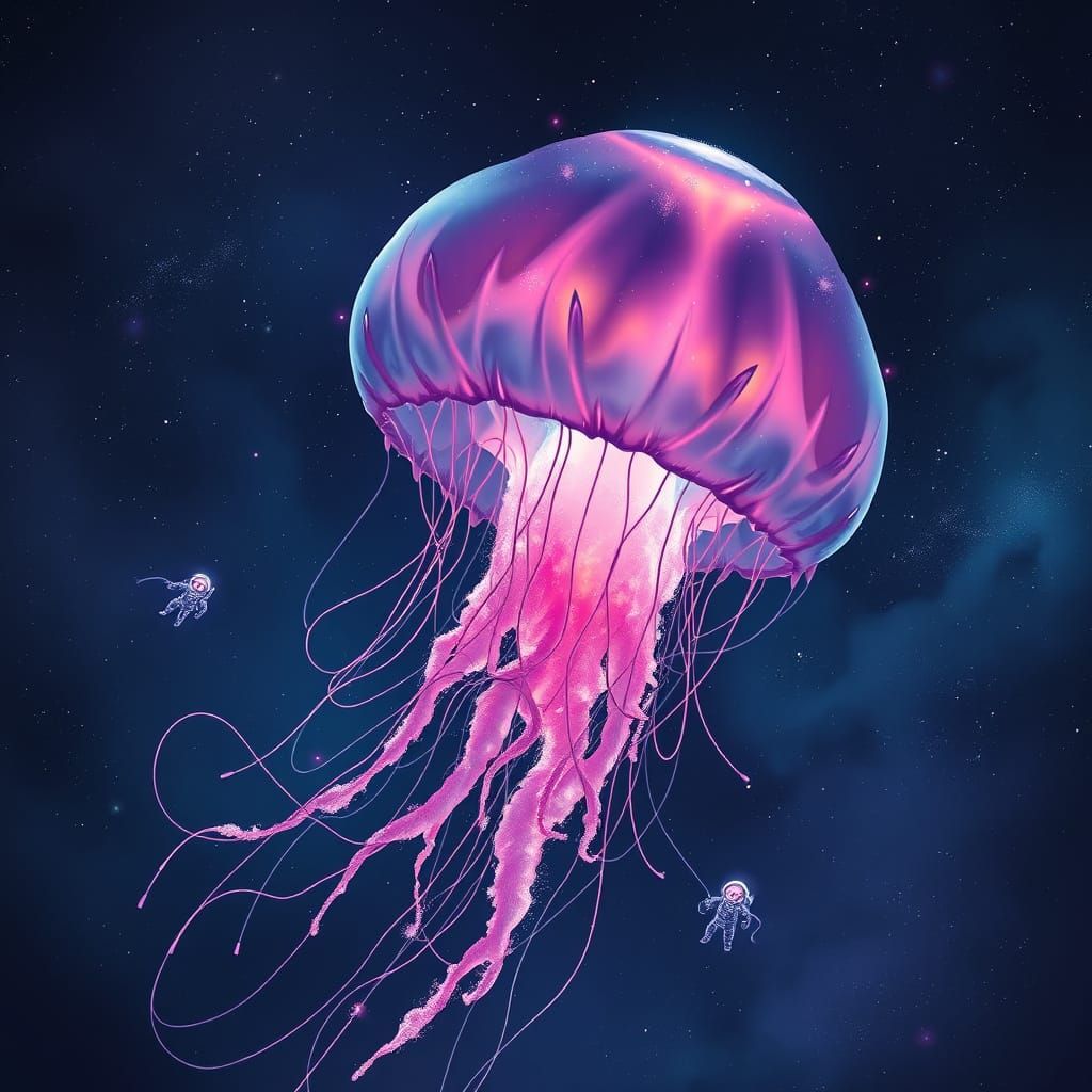Bioluminescent Space Jellyfish with Astronaut Mice