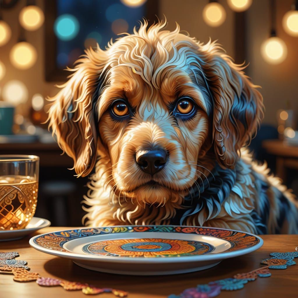Cute Hound Dog Puppy with Empty Bowl in Zentangle Style