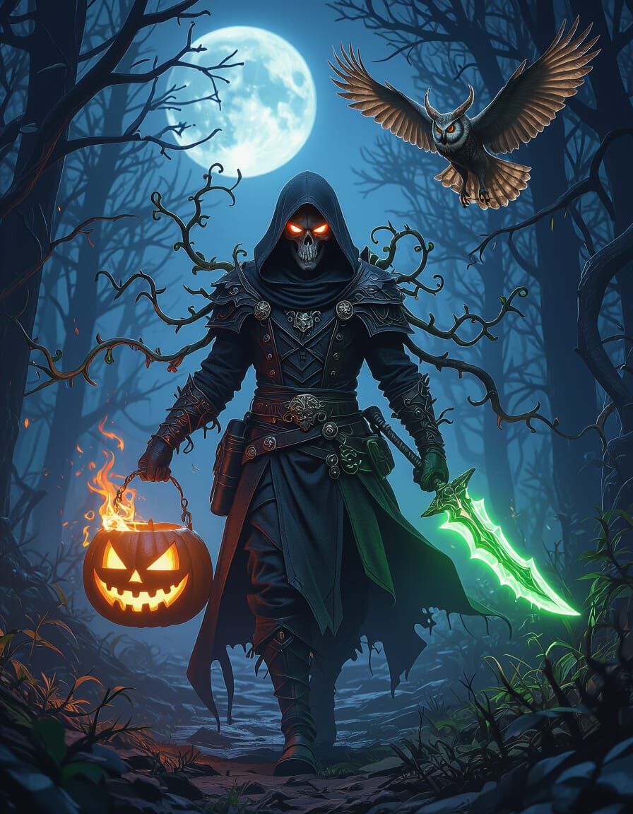 Dark Fantasy Warlock Ranger with Flaming Jack-o-Lantern