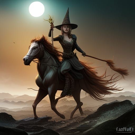 Fantastical Witch Rides Horse: Detailed Matte Painting