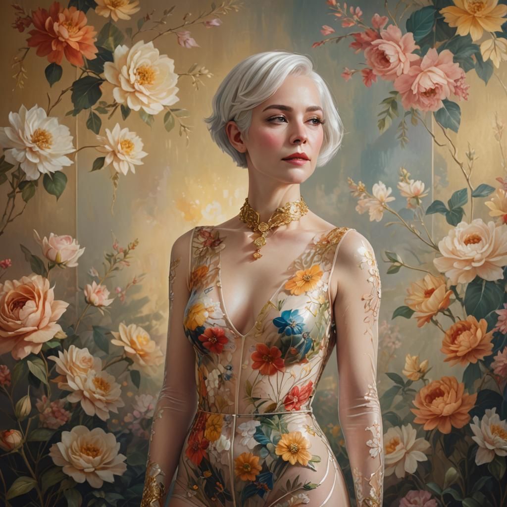 Elegant Woman in Floral Bodysuit: Art Nouveau Portrait