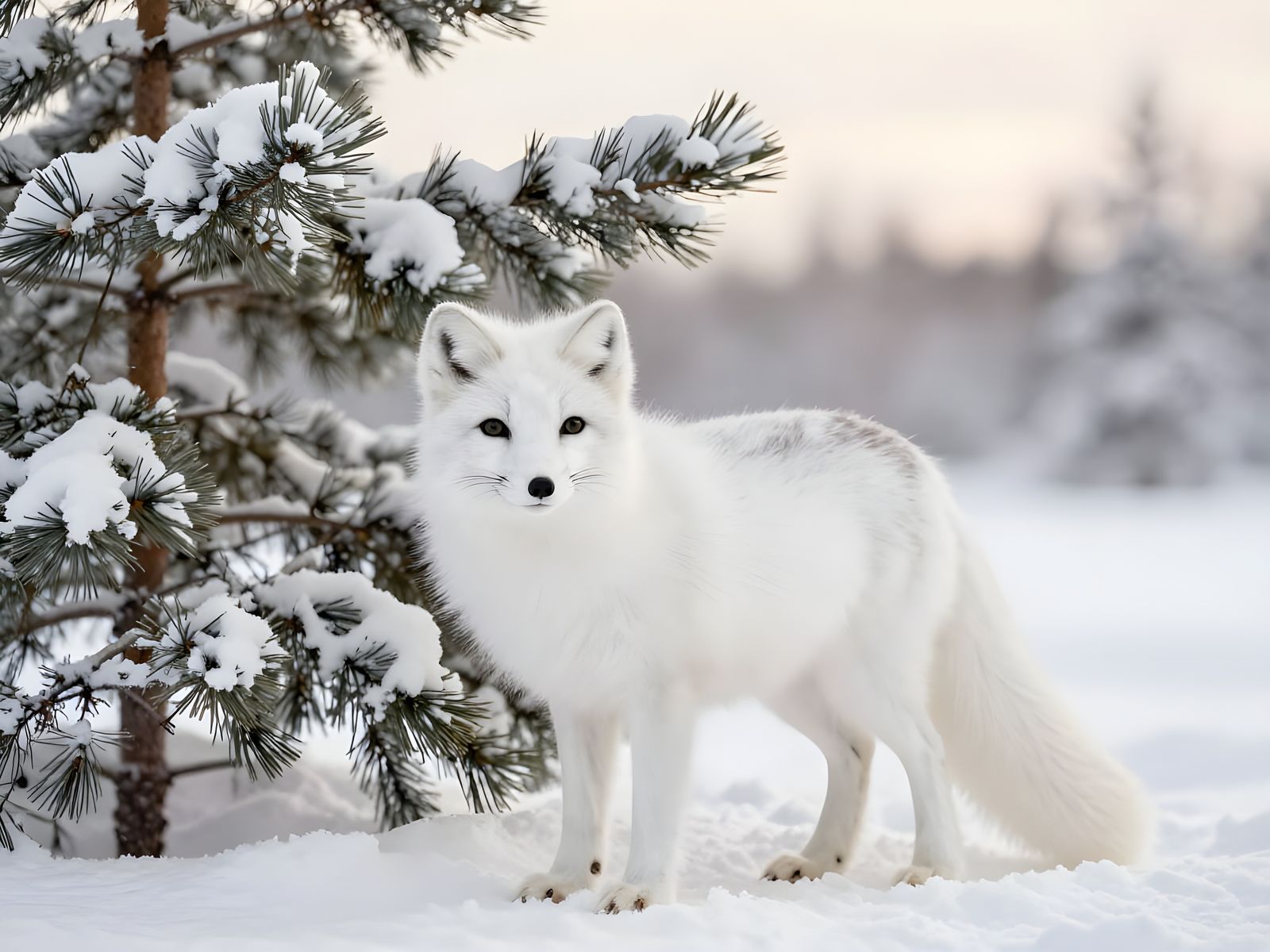 White Arctic Fox in Snowy Scandinavian Morning
