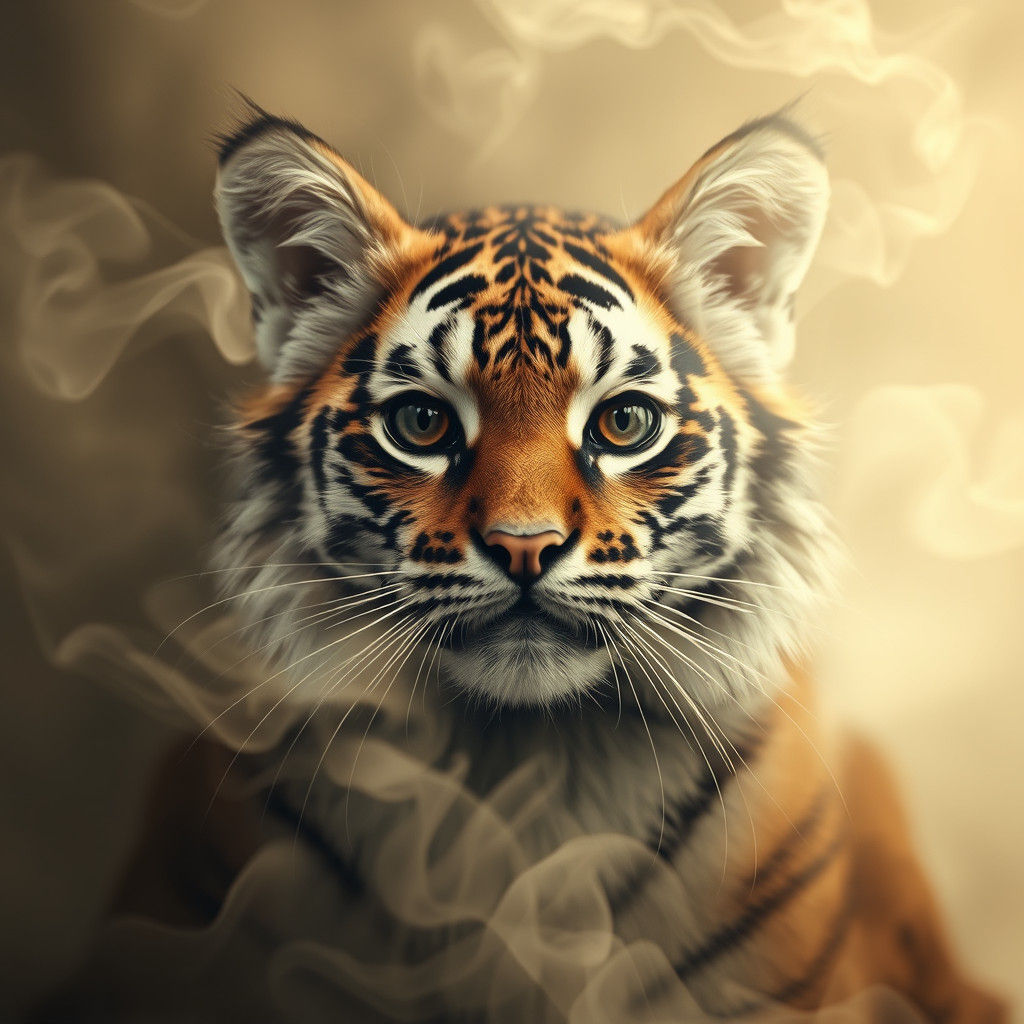 Ethereal Cat-Tiger Transformation in Double Exposure