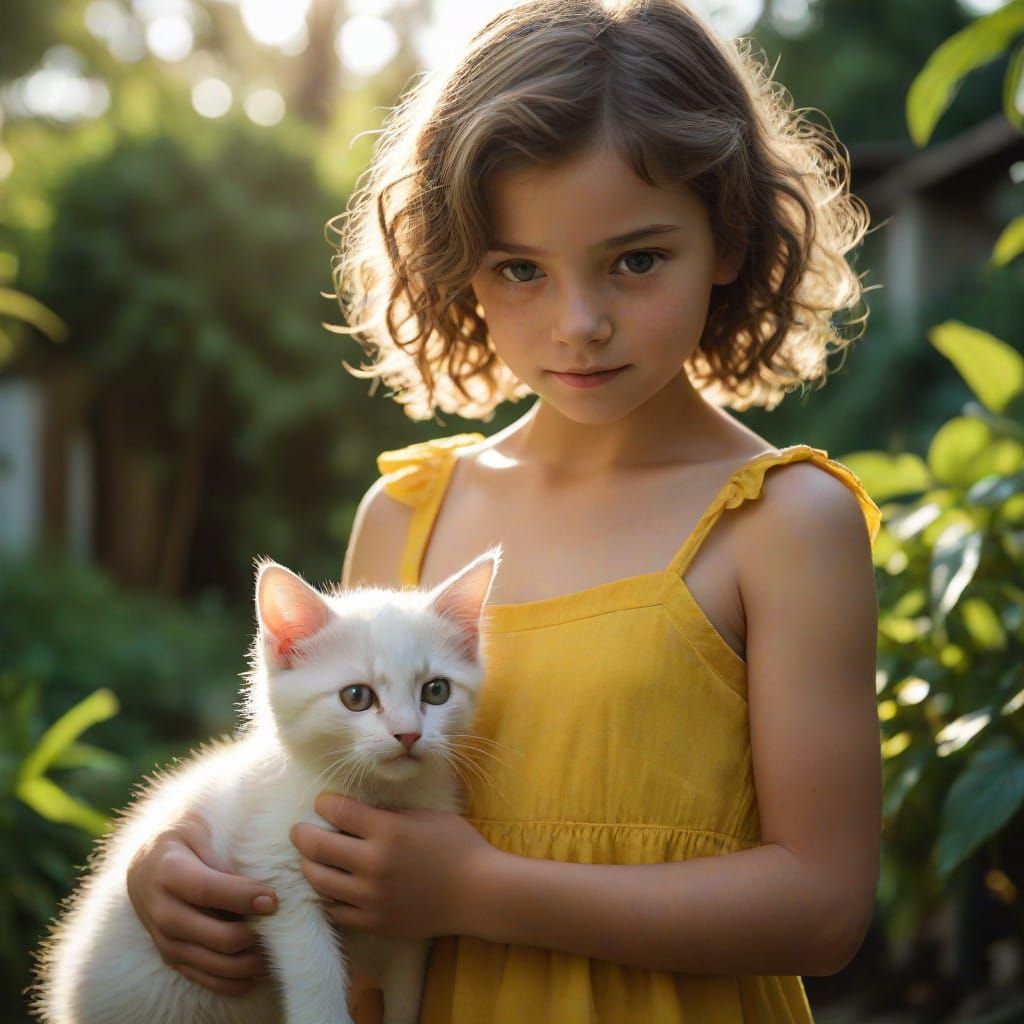 Girl and Playful Kitten in Sun-Dappled Backyard