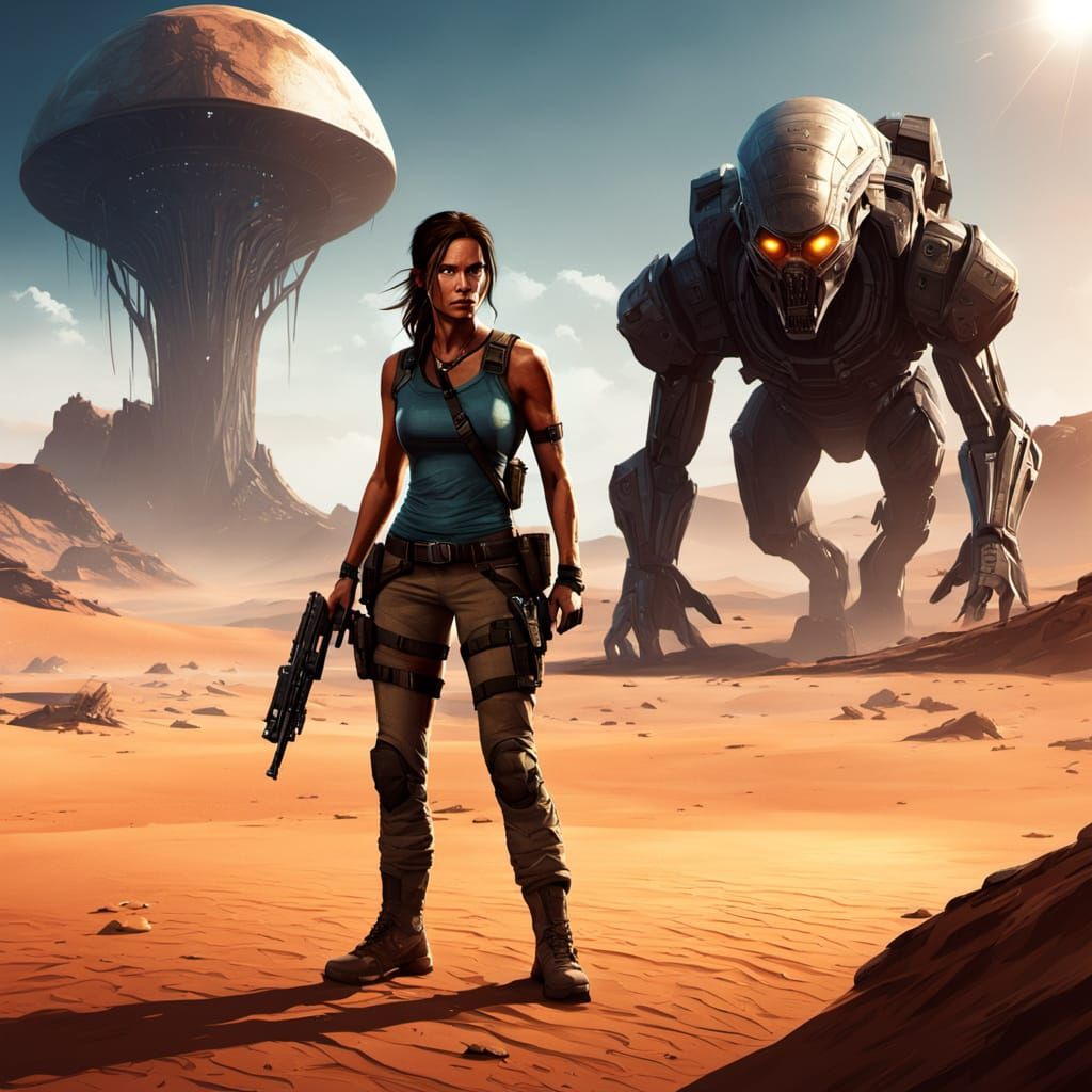 Lara Croft Sci-Fi Poster Art in Futuristic Style