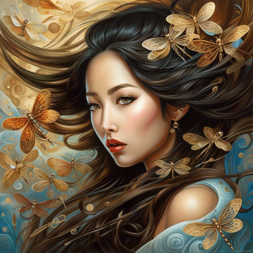 Chinese Woman with Dragonflies in Surrealist Style