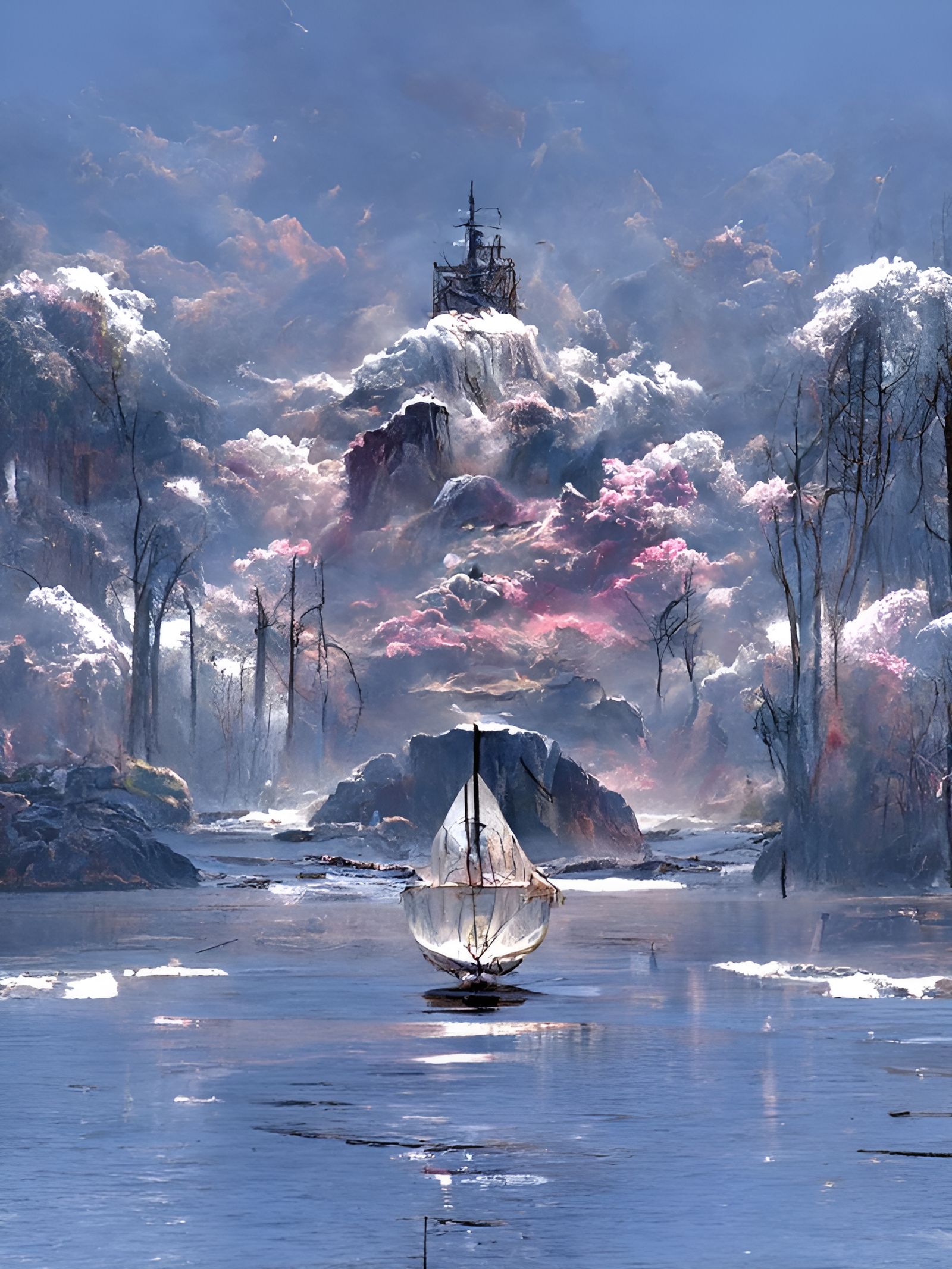 Ship Sailing on Dark Seas: Hyperrealistic Seascape