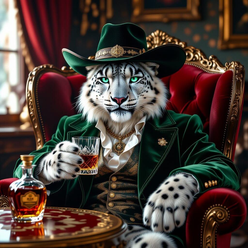 Snow Leopard in Red Velvet Armchair, Photorealistic 8K