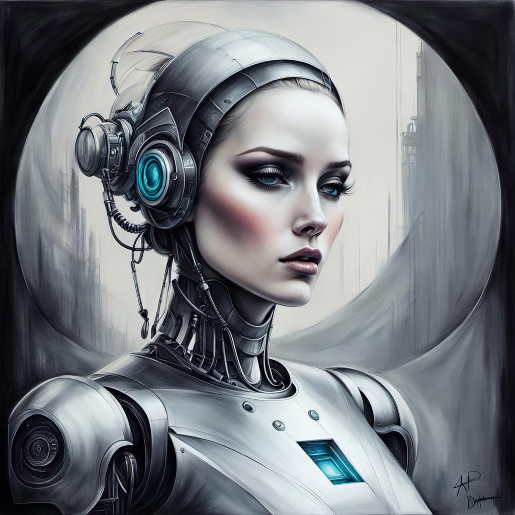 Robot Girl in Dreamcore Charcoal Drawing