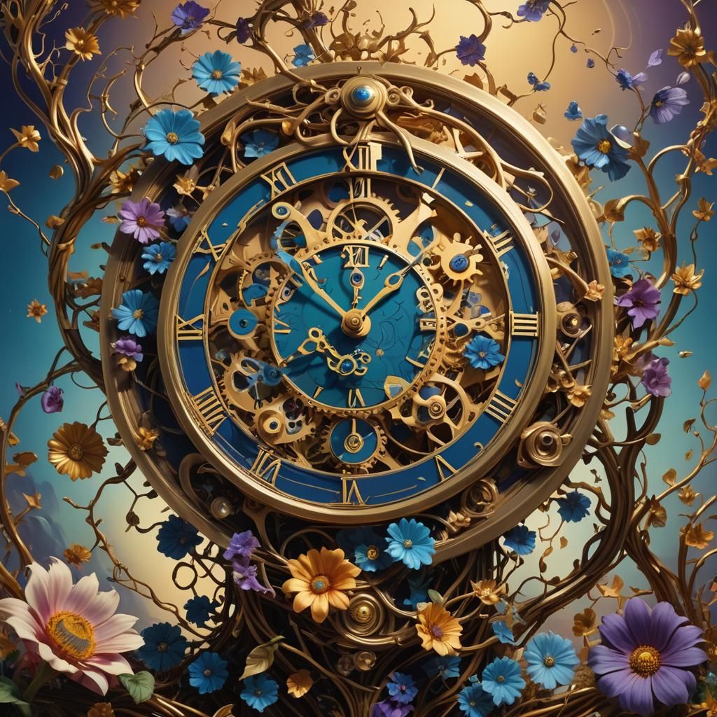 Surreal Clock Tangled in Vines and Flowers