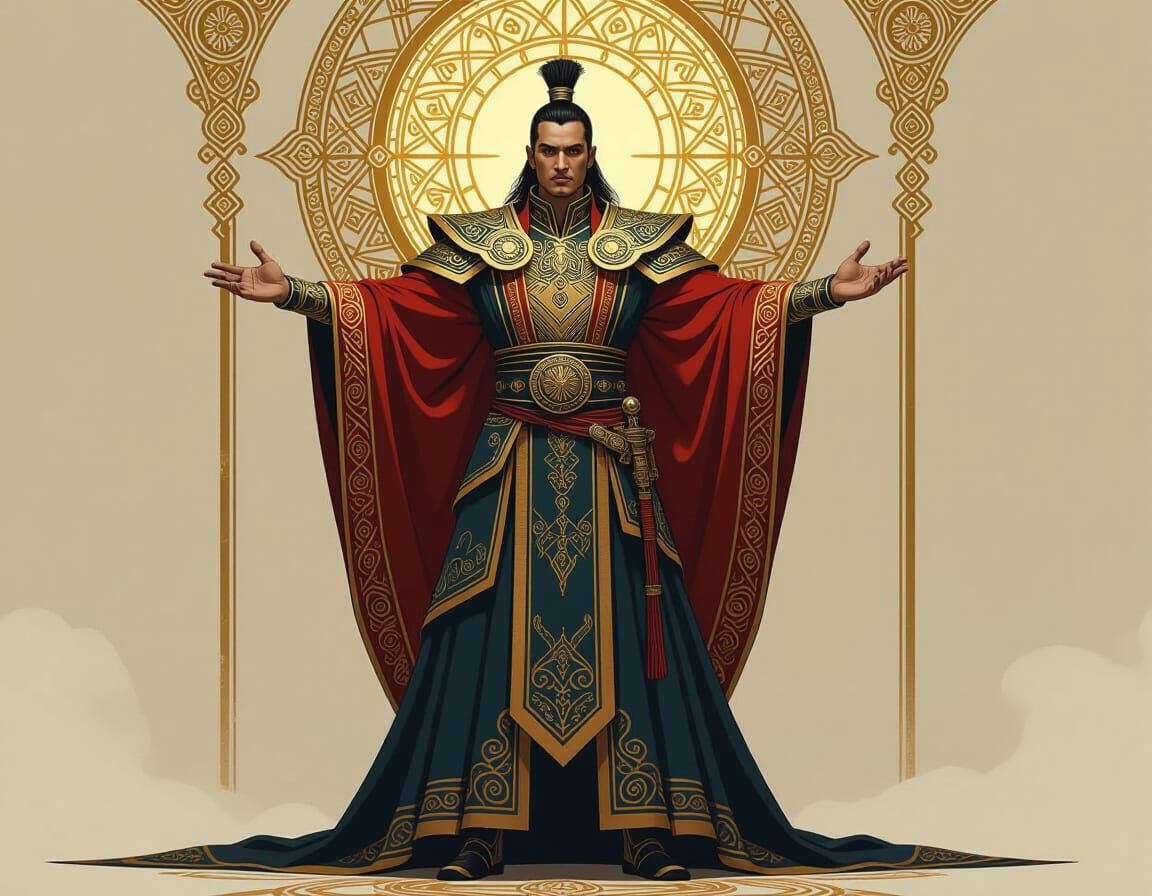 Regal Figure in Ornate Attire with Golden Backdrop