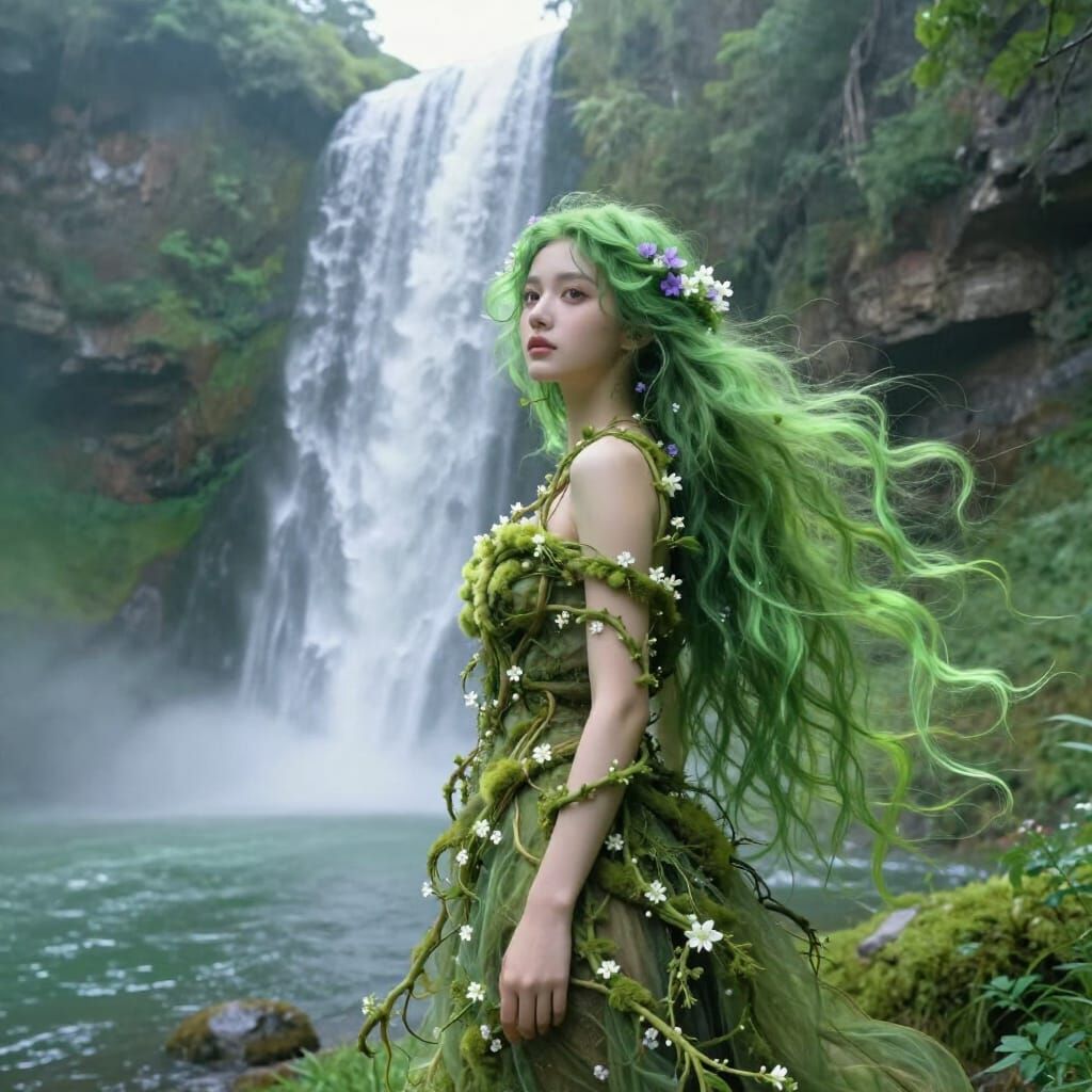 Ethereal Woman at Misty Waterfall, Fantasy Digital Art