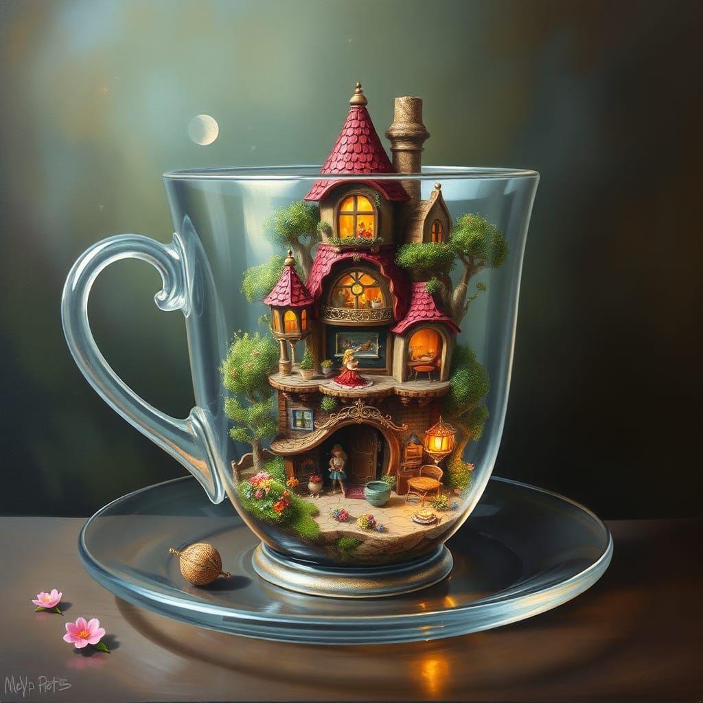 Whimsical Fairy Tale Teacup Hotel: Oil Painting