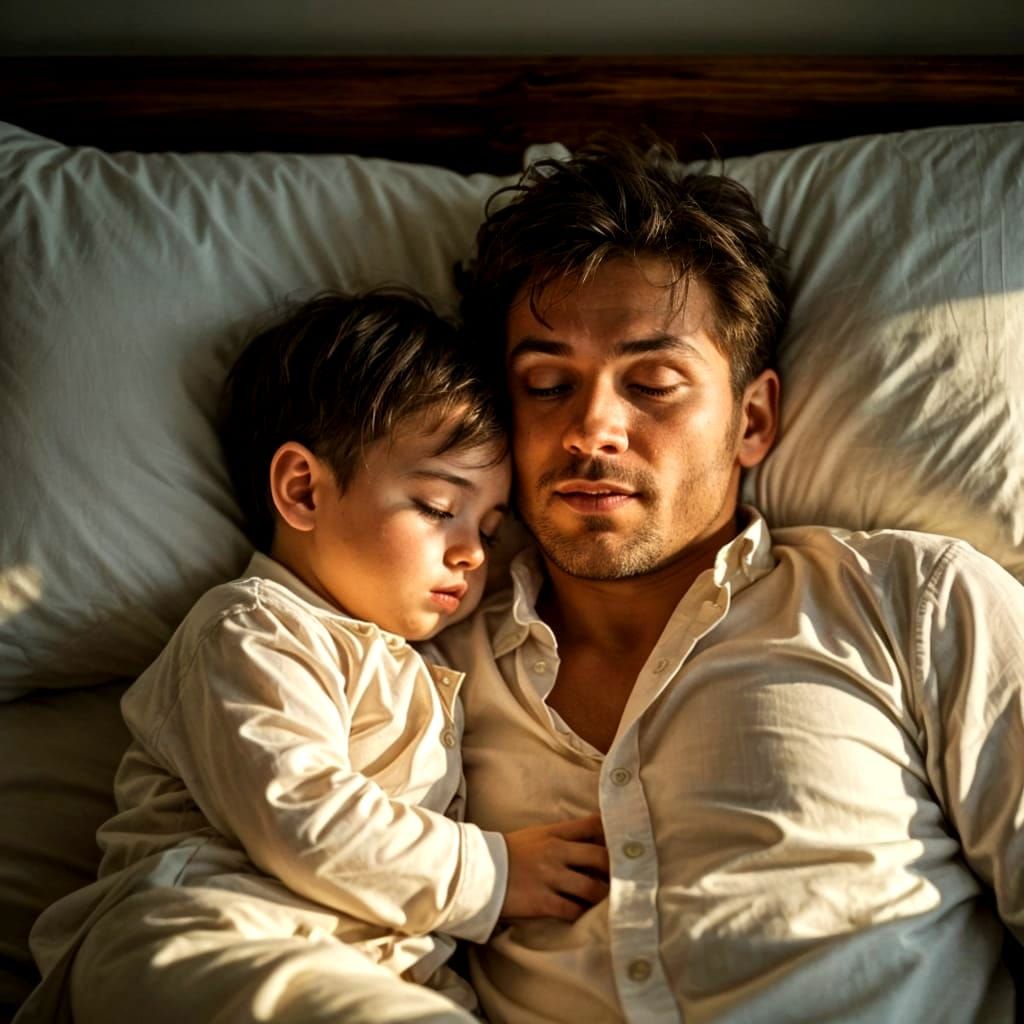 A Dad's Gentle Slumber, Captured in Soft Focus