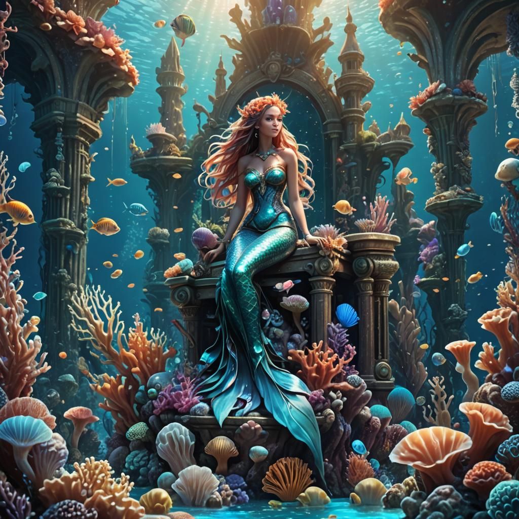 Mermaid Queen on Coral Throne in Underwater Kingdom