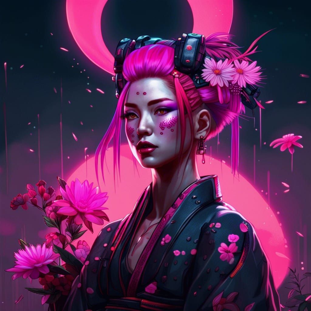 Geisha with Pink Hair in Cyberpunk Style