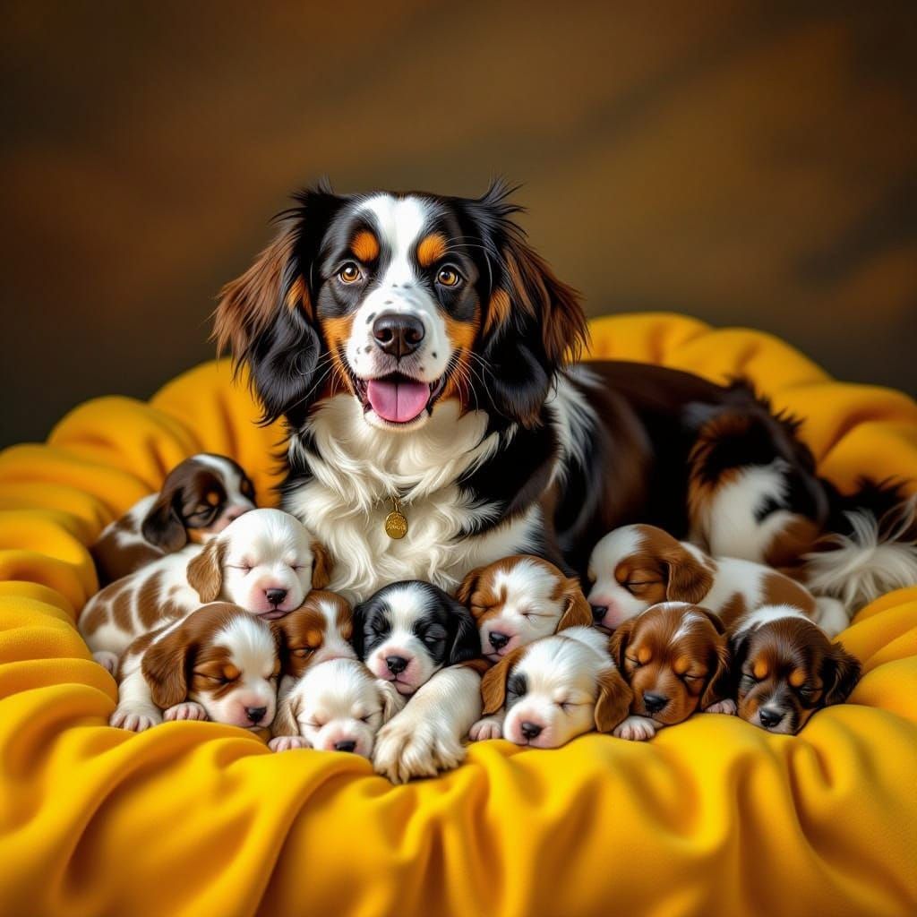 English Springer Spaniel Mother With 11 Puppies On Blanket