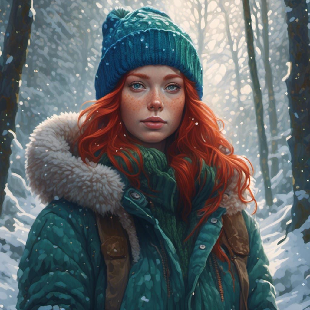 Hyperrealistic Portrait: Girl with Red Hair in Snow