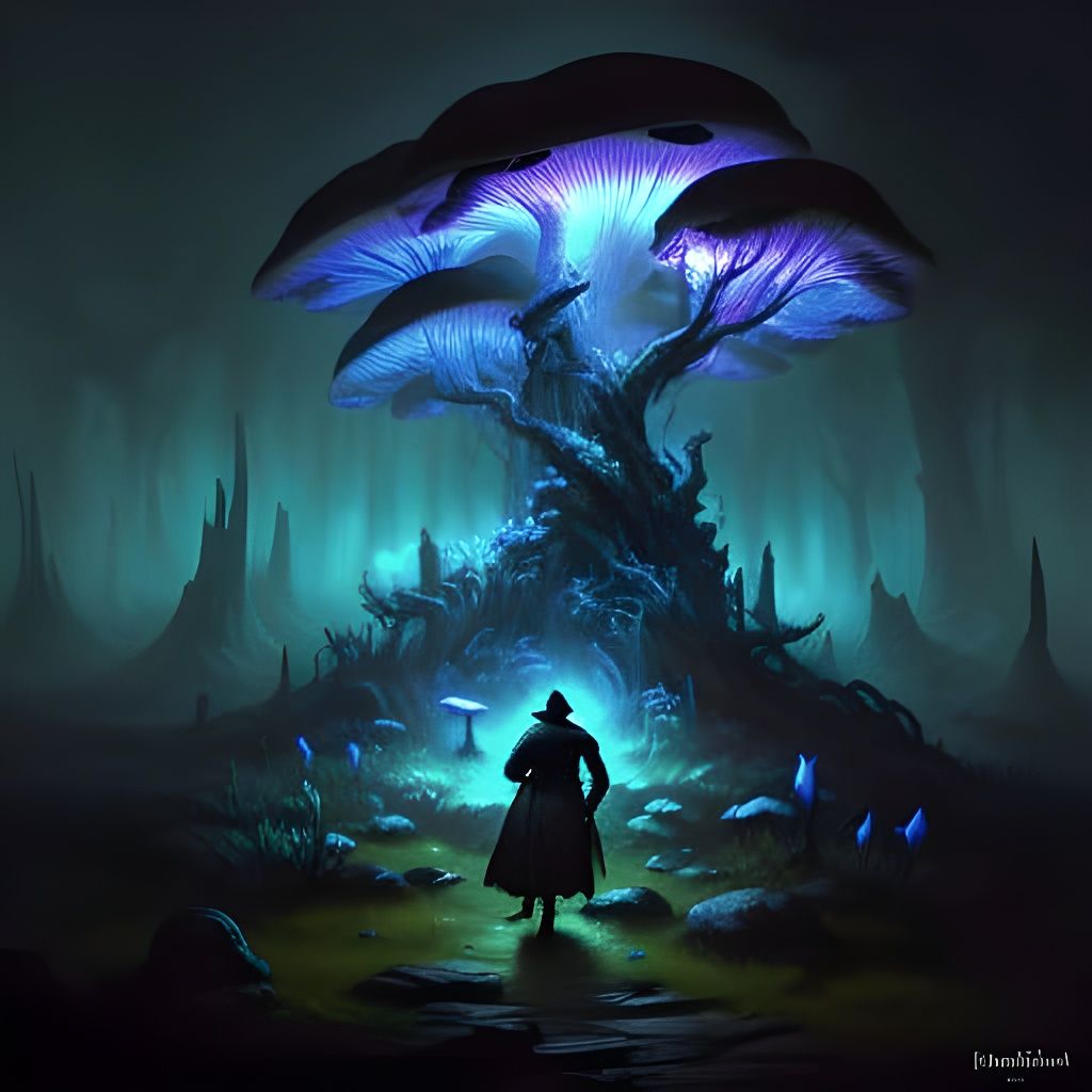 Dark Fantasy Tavern in Bioluminescent Mushroom Forest