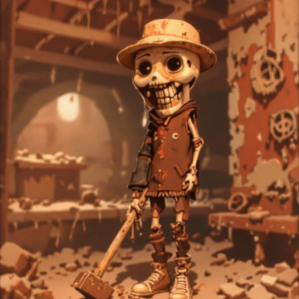 Despairing Boy with Hammer and Sickle in Ruins