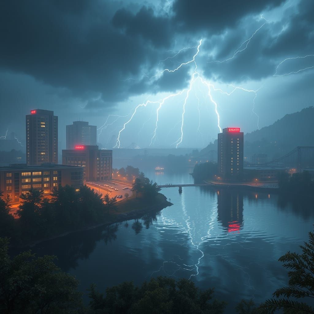 Night Thunder at City Hospital Lake in 3D Style