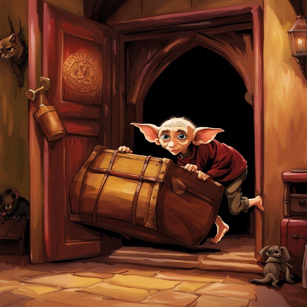 Dobby Drags Harry's Trunk into Gryffindor