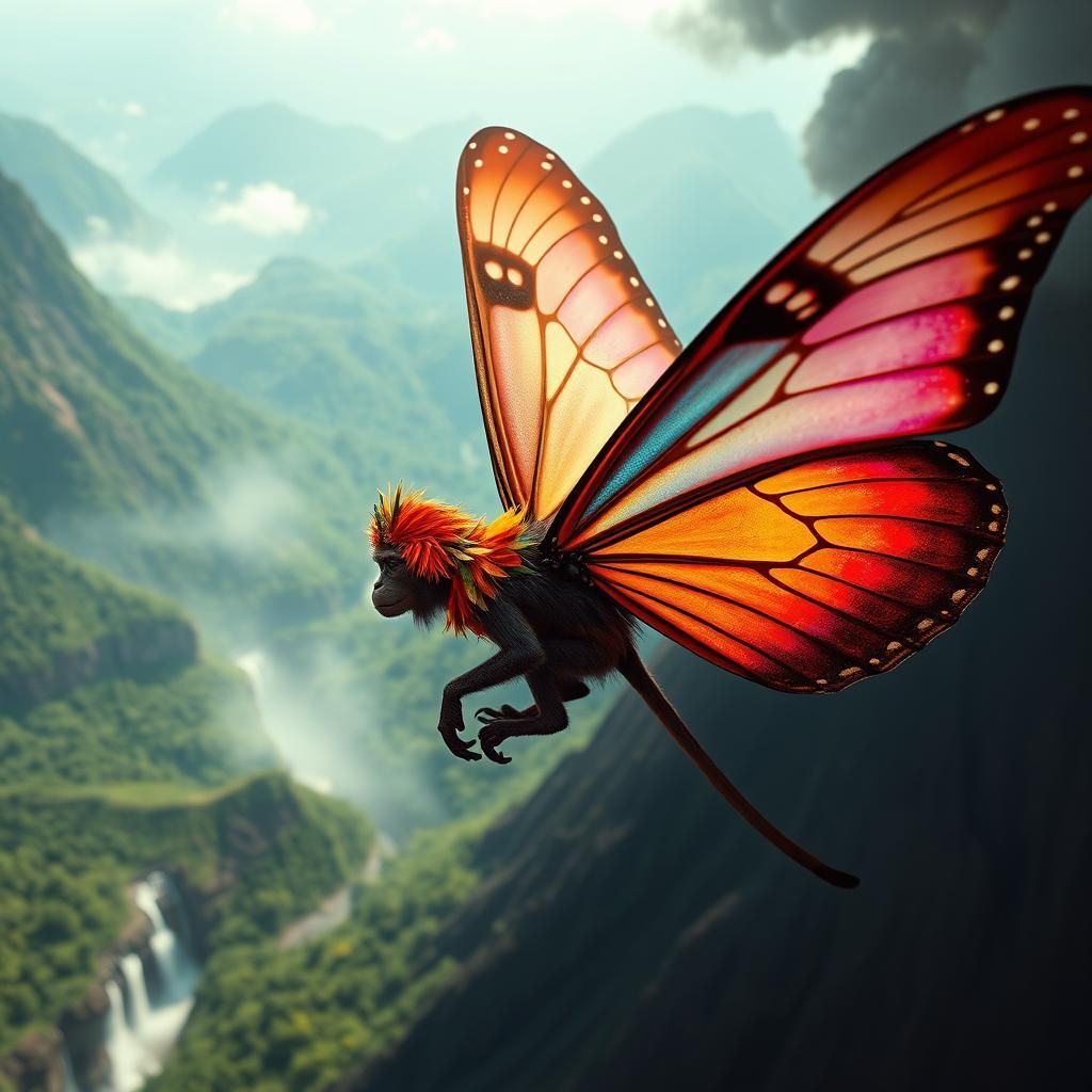Monkey on Butterfly Soaring Over Volcano