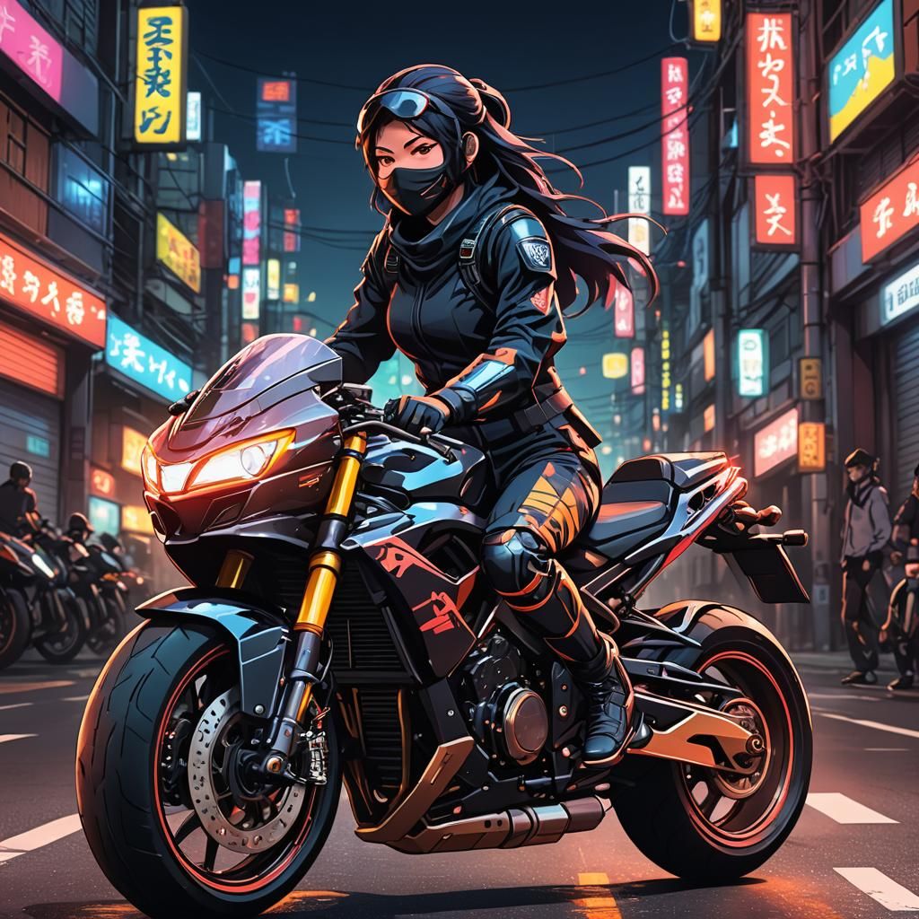 Neon Ninja on Motorcycle in Anime Style