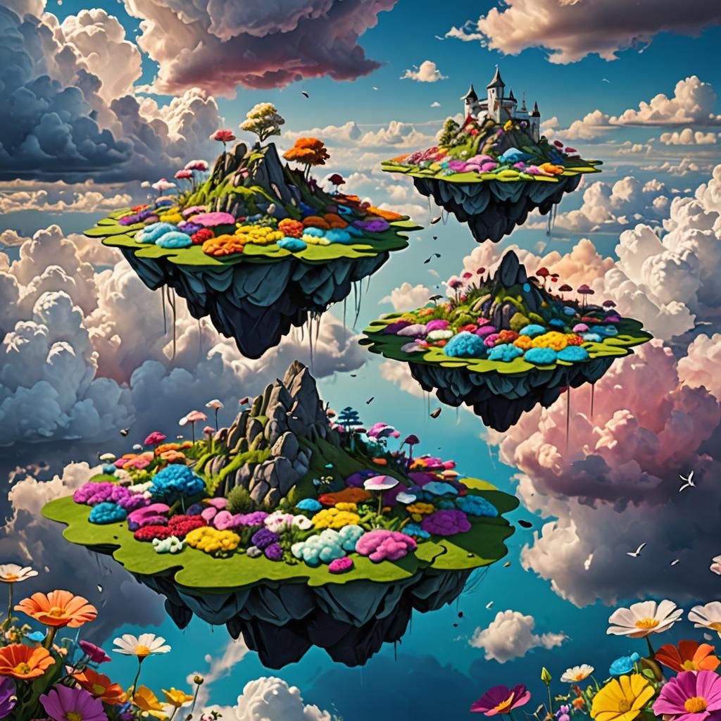 Floating Flower Islands Between Colorful Clouds