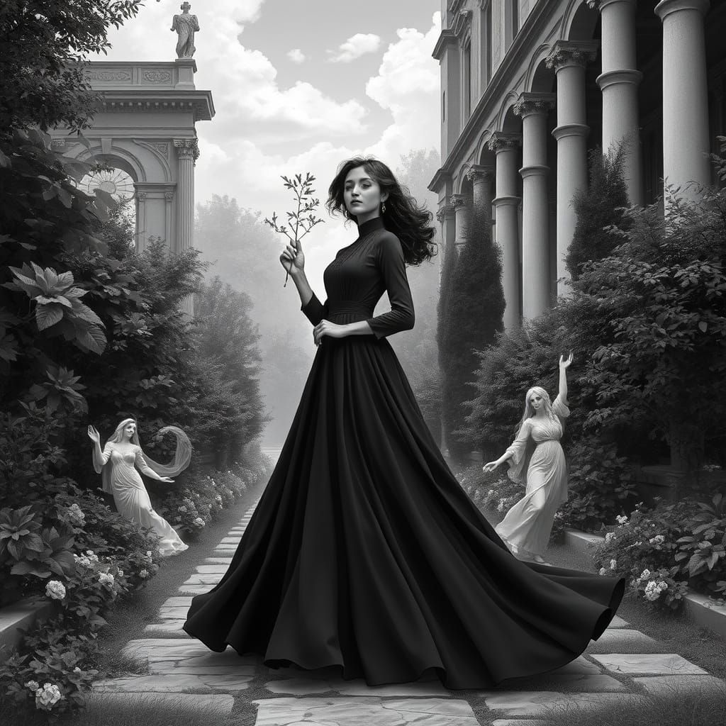 A serene scene depicts a woman in a flowing dress, gracefully holding a branch, surrounded by lush nature, classical arc...