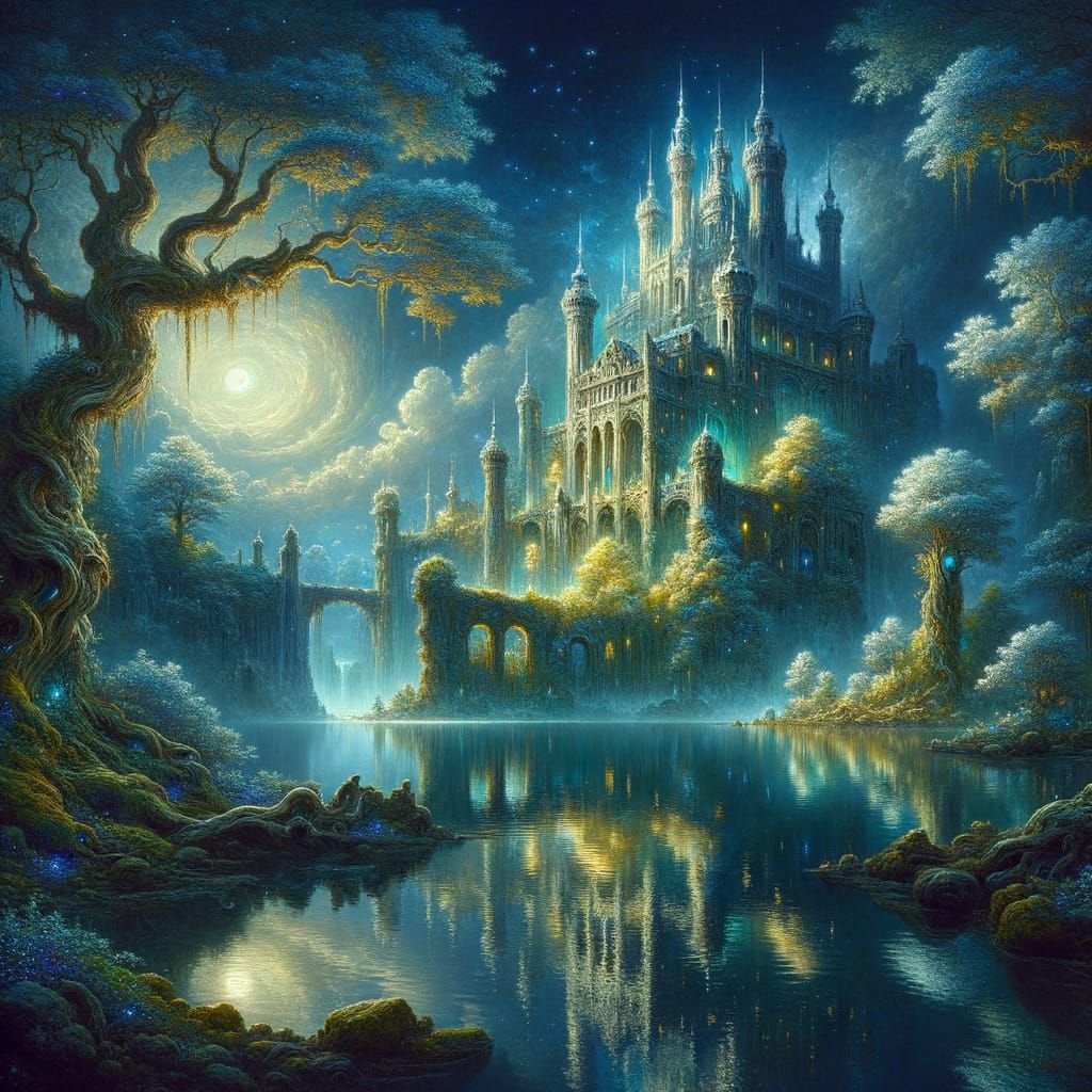 Floating Castle in Magical Twilight Forest Painting
