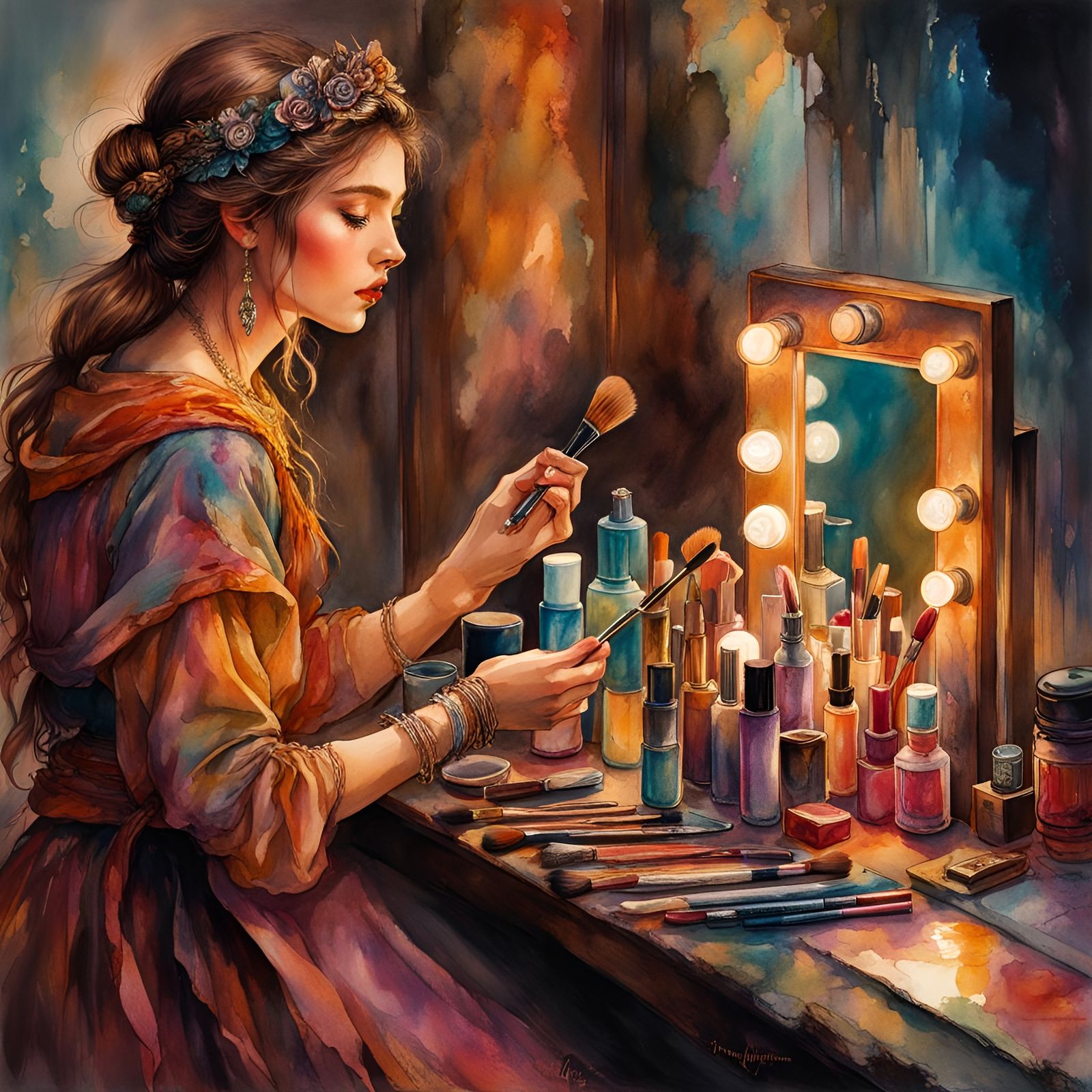 Girl Applying Makeup in Watercolor Illustration