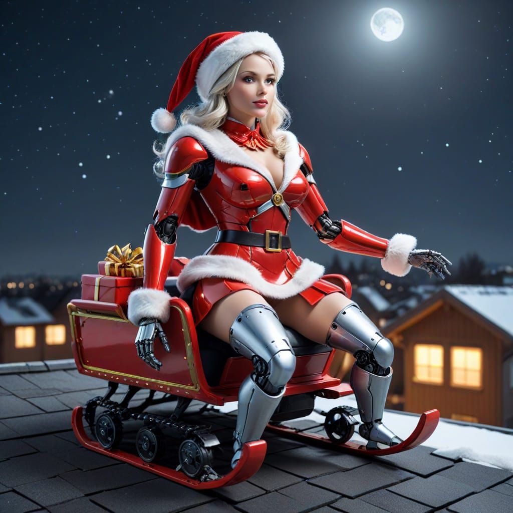 Robot Santa Claus Sleigh on Rooftop at Night