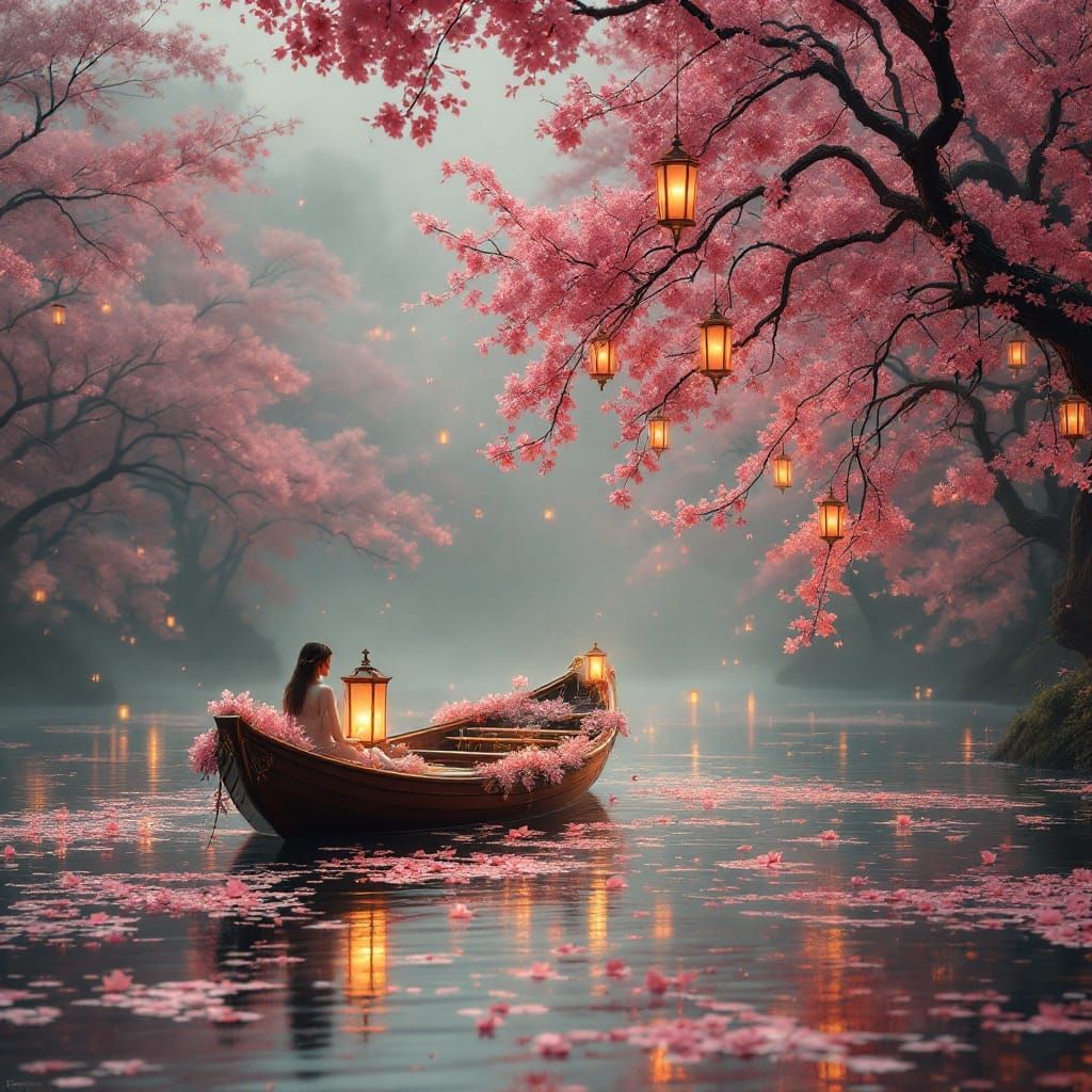 „Sanfte Bootsfahrt unter blühenden Kirschbäumen im goldenen Licht der untergehenden Sonne am stillen Fluss“