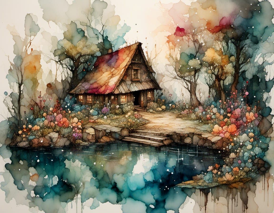 A fairy, pond with an old hut at the shoreline, trees and ro...