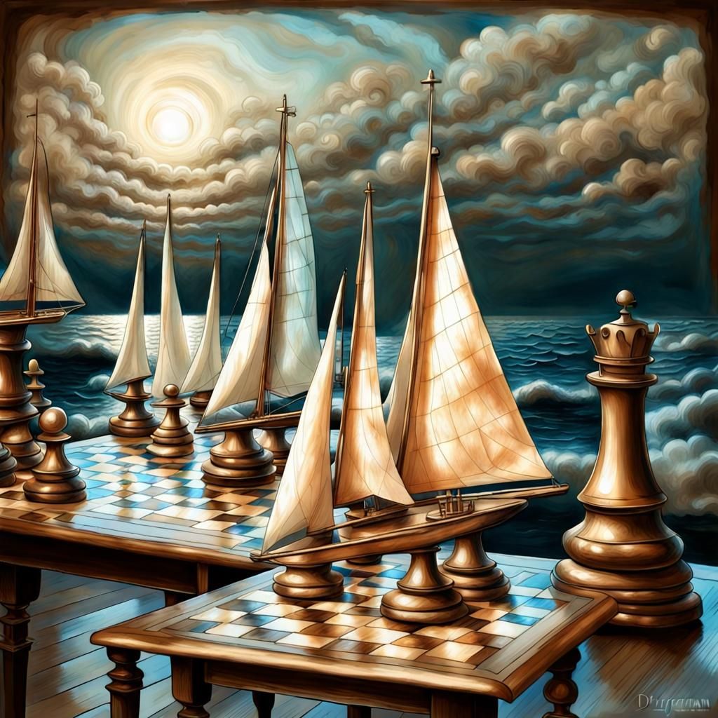 Pearlescent Sailboats on Chessboard: Sepia Pencil Sketch