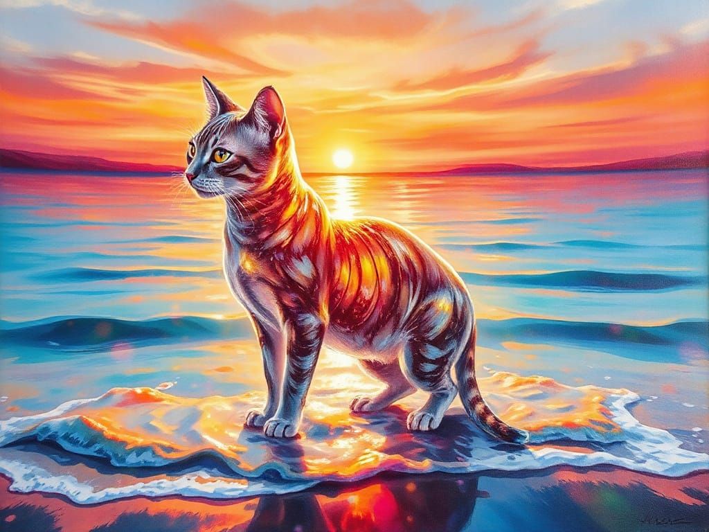 Water Cat in Sunset, Alcohol Ink Painting