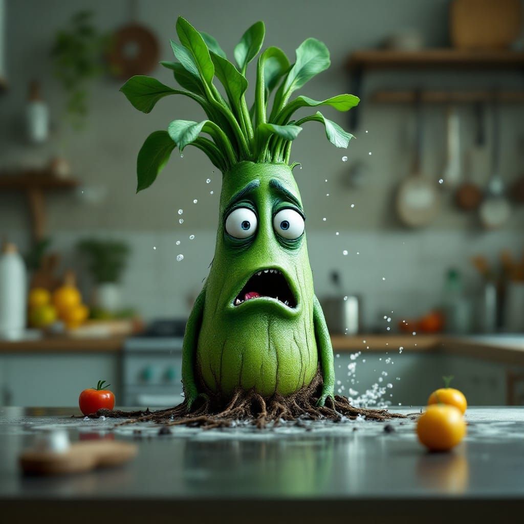 Whimsical Leek Personified in Kitchen Chaos