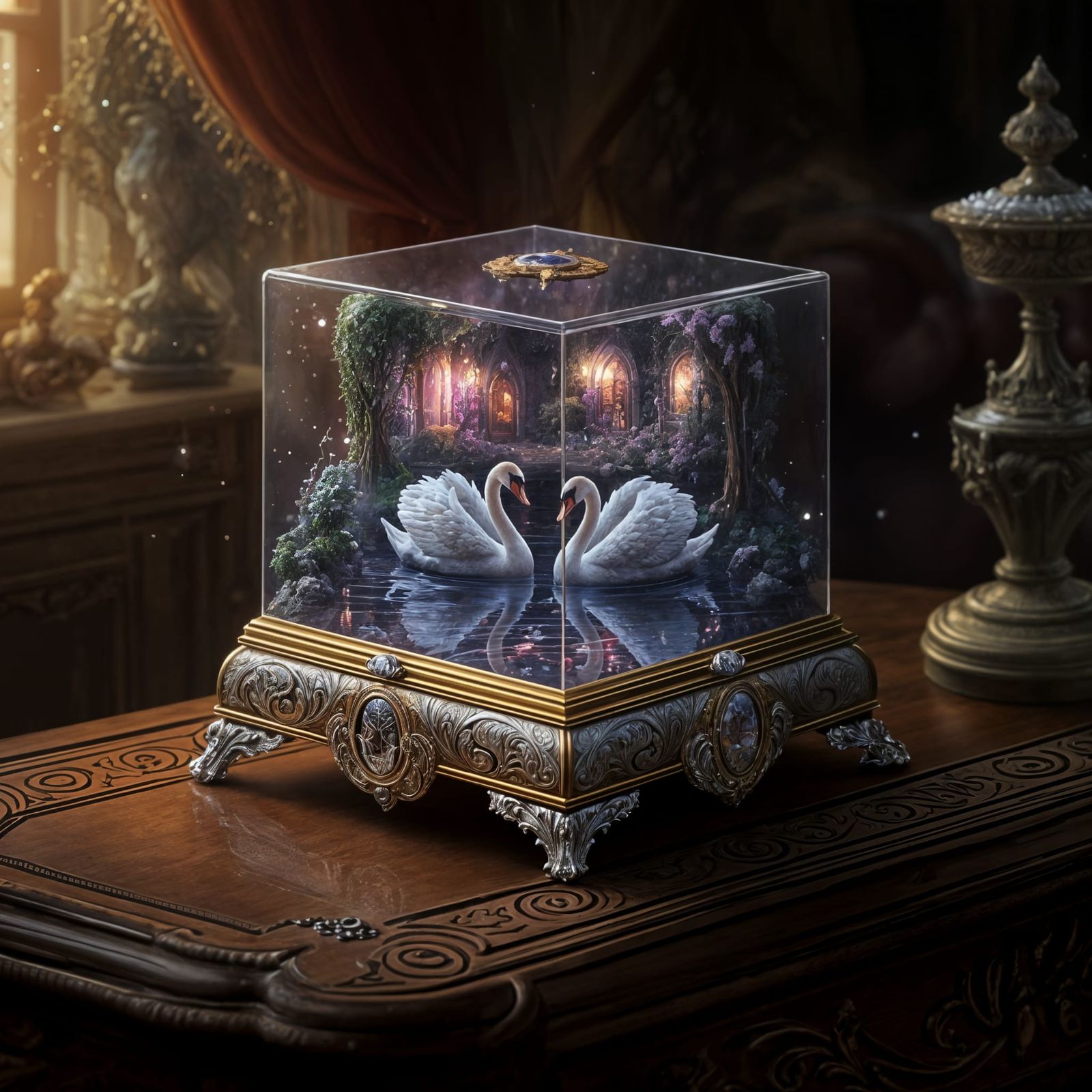 Romantic Swan Lake Scene in Transparent Box