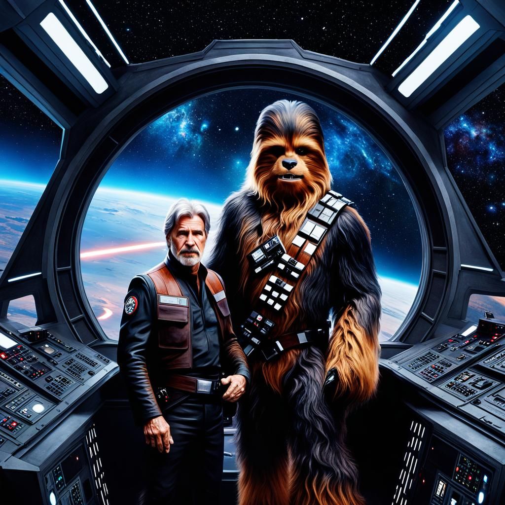 Han Solo and Chewbacca in the Millennium Falcon