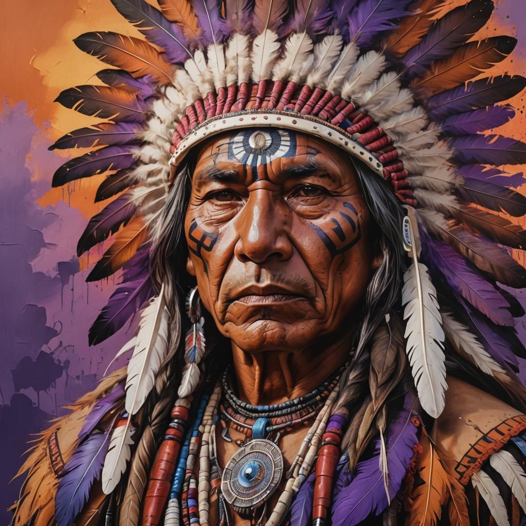 A powerful, majestic Native American Indian Chief is depicte...