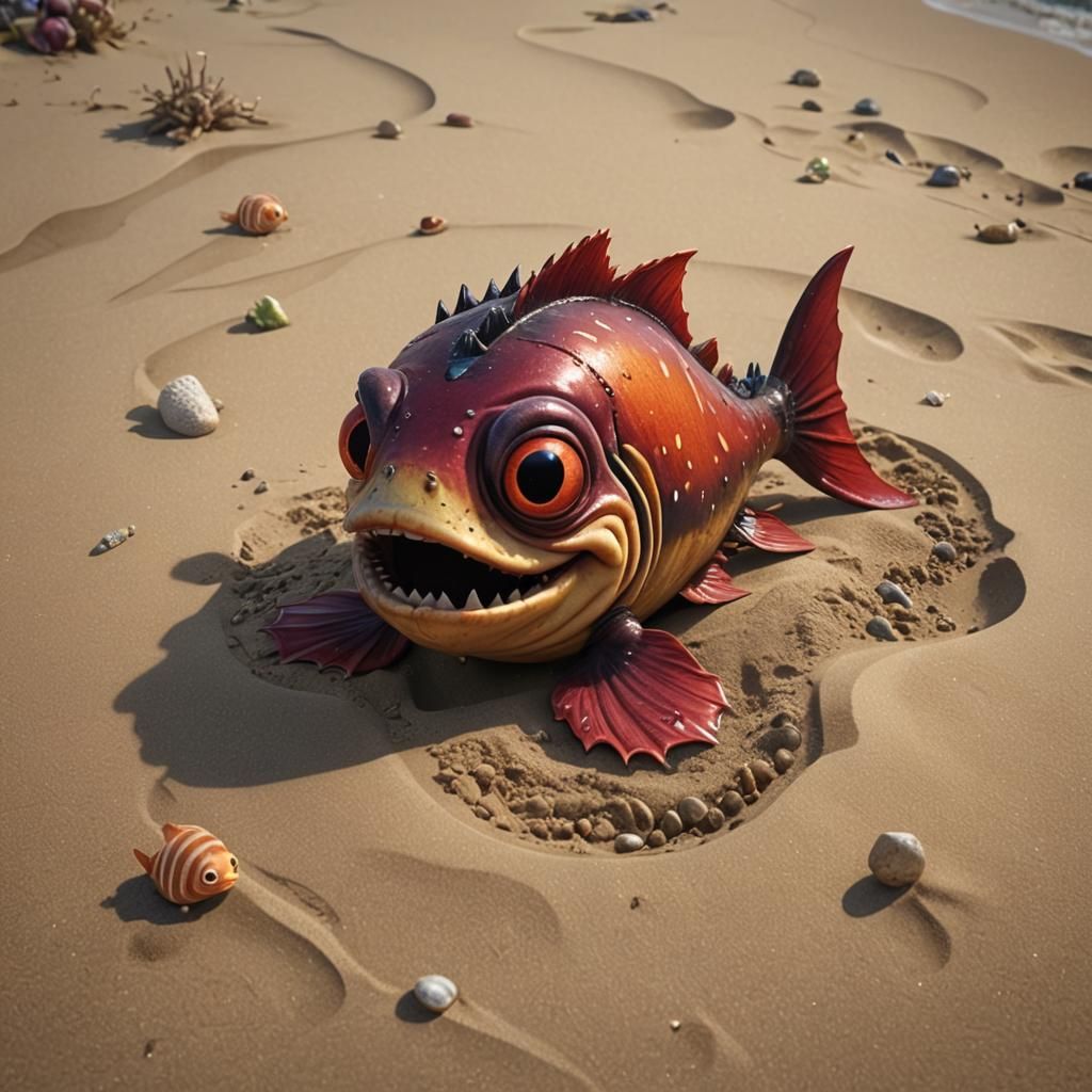 Pixar Piranha on the Beach: 8K Digital Art
