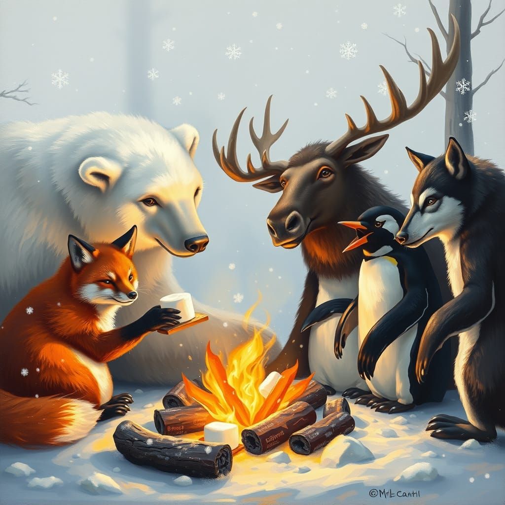 Winter Wonderland Gathering in Oil Painting Style