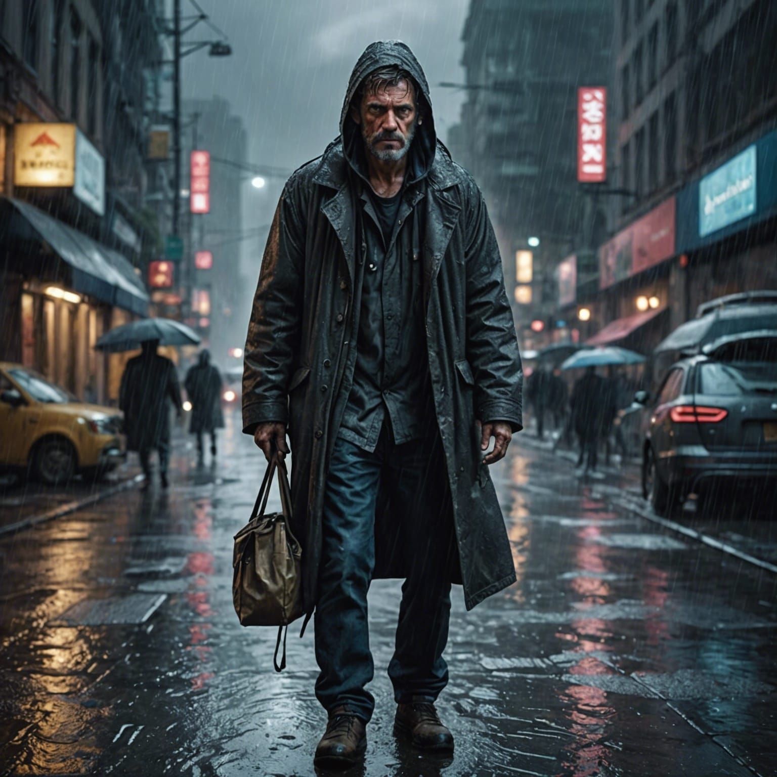 Despondent Man in Rainy Cyberpunk Cityscape