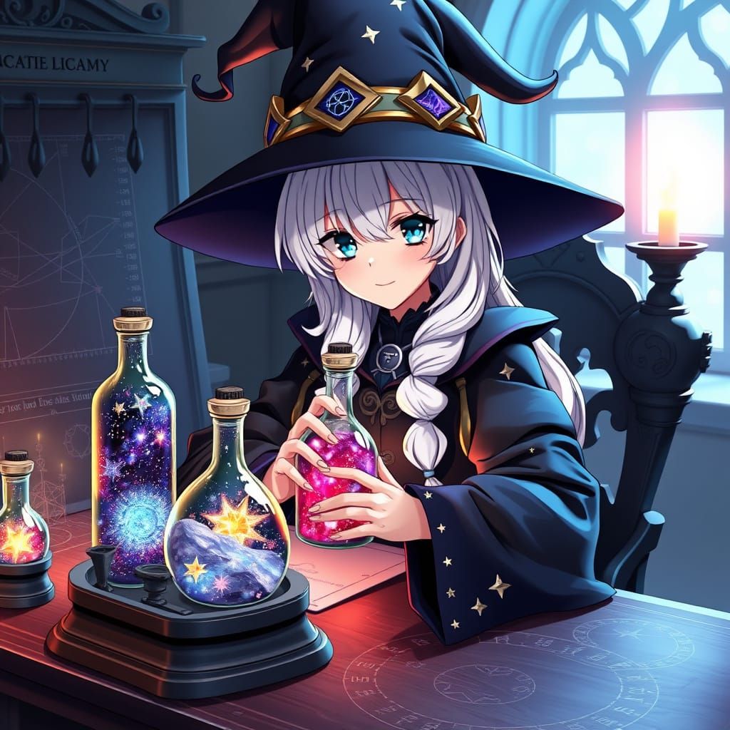 Young Witch Creates Galactic Potions in 3D Anime Style