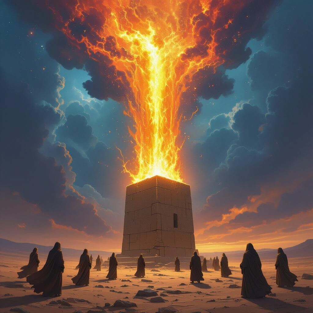Fiery Pillar Descends on Desert Structure in Epic Fantasy St...