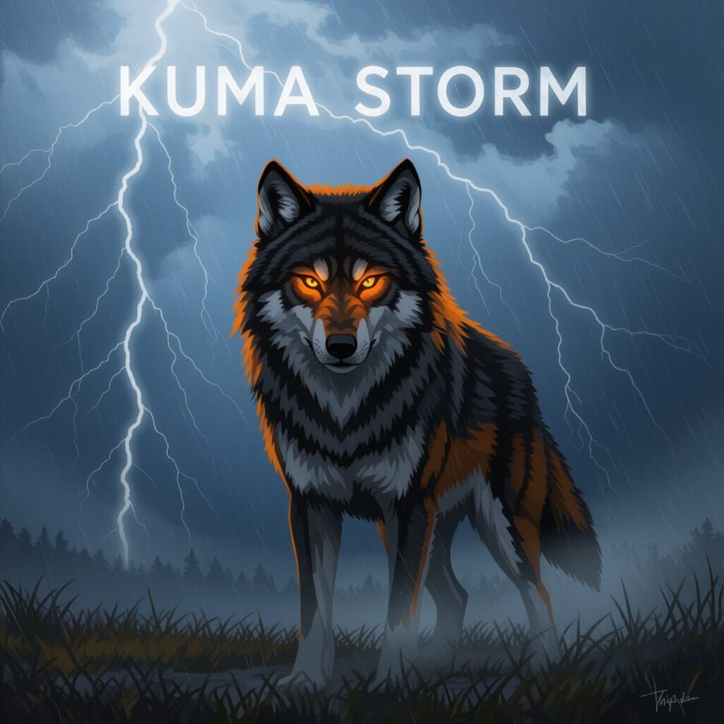 Majestic Wolf in Storm with "Kuma Storm" Sky